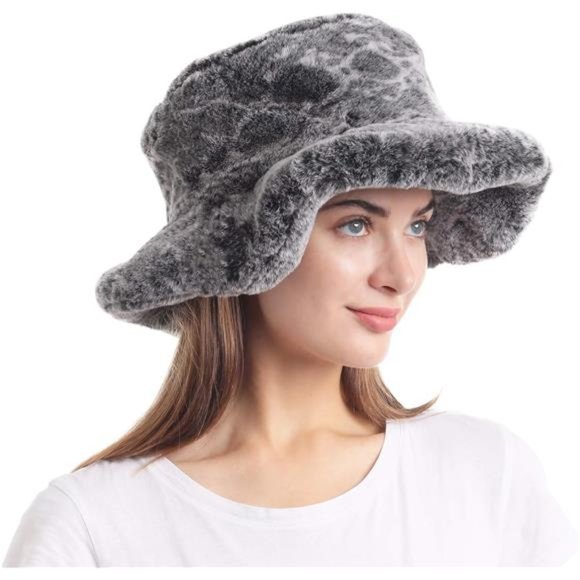 Women\'s Snakeskin Print Faux Fur Bucket Hat Winter Warmer Cap, Gray main image 5